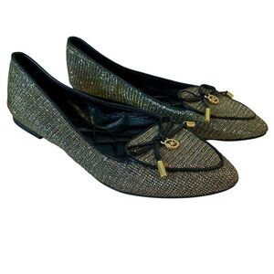 Michael Kors sz 6 Silver Gold Black Shiny Pointed Toe Ballet Flats Bow Logo